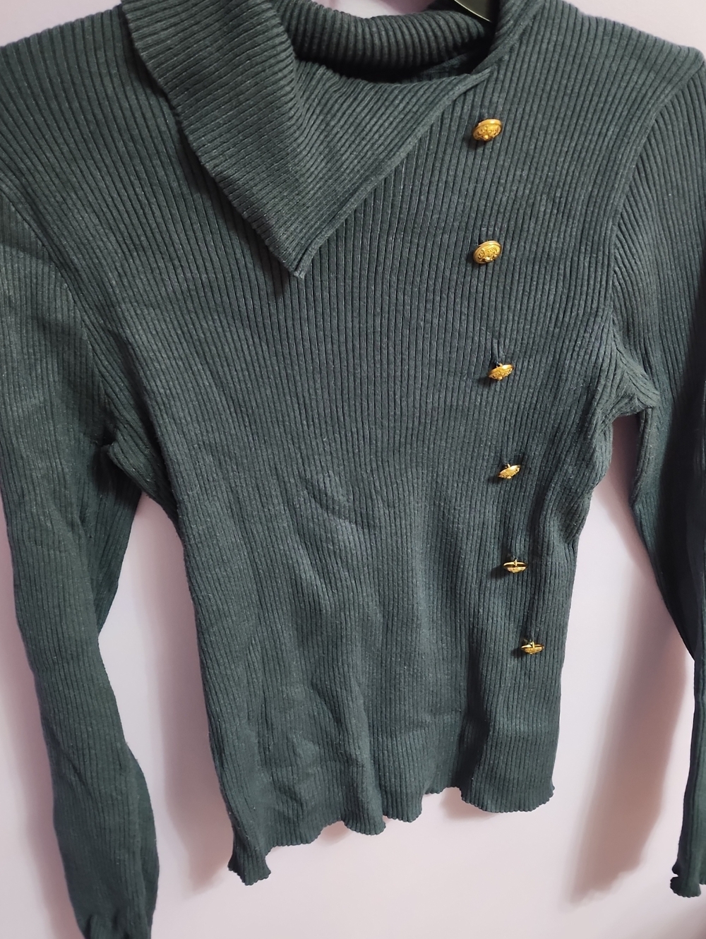 Ribbed Asymmetric Button-Front Women's Sweater - Dark Blue